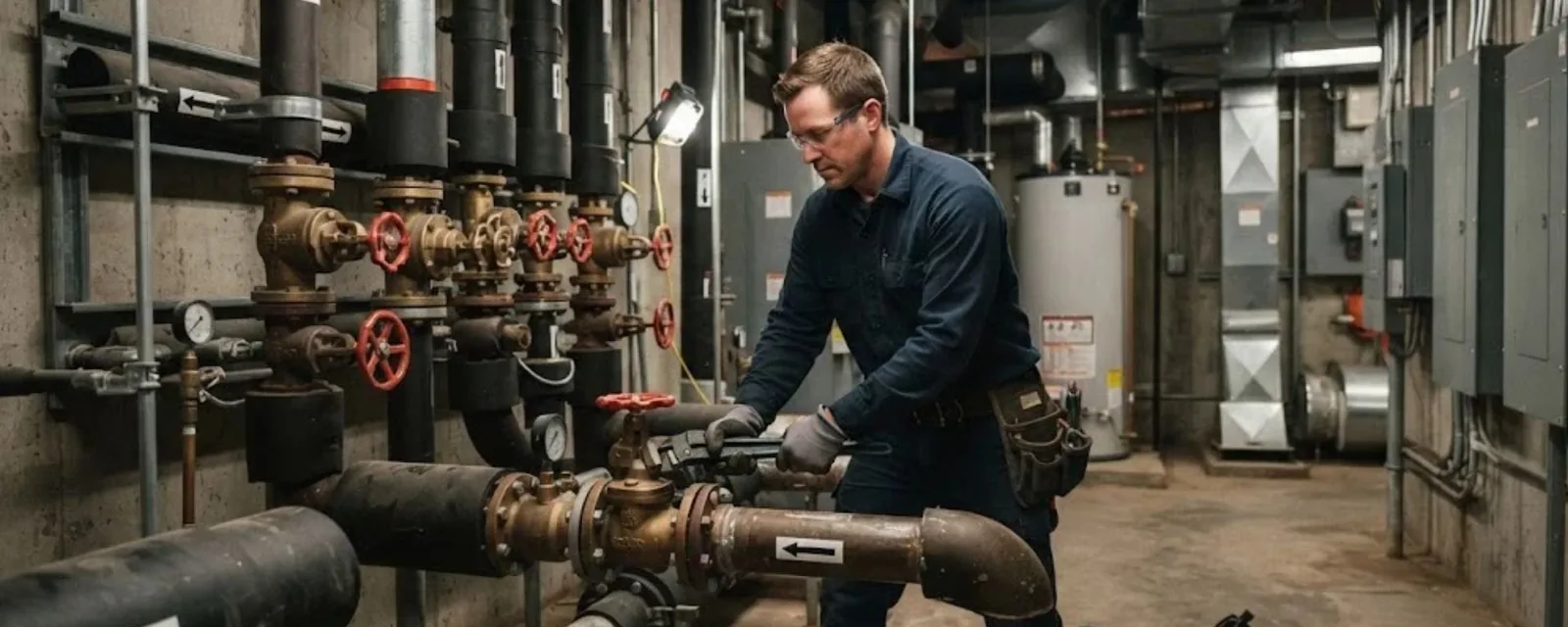 Licensed plumber working on valves and piping in a commercial building mechanical room