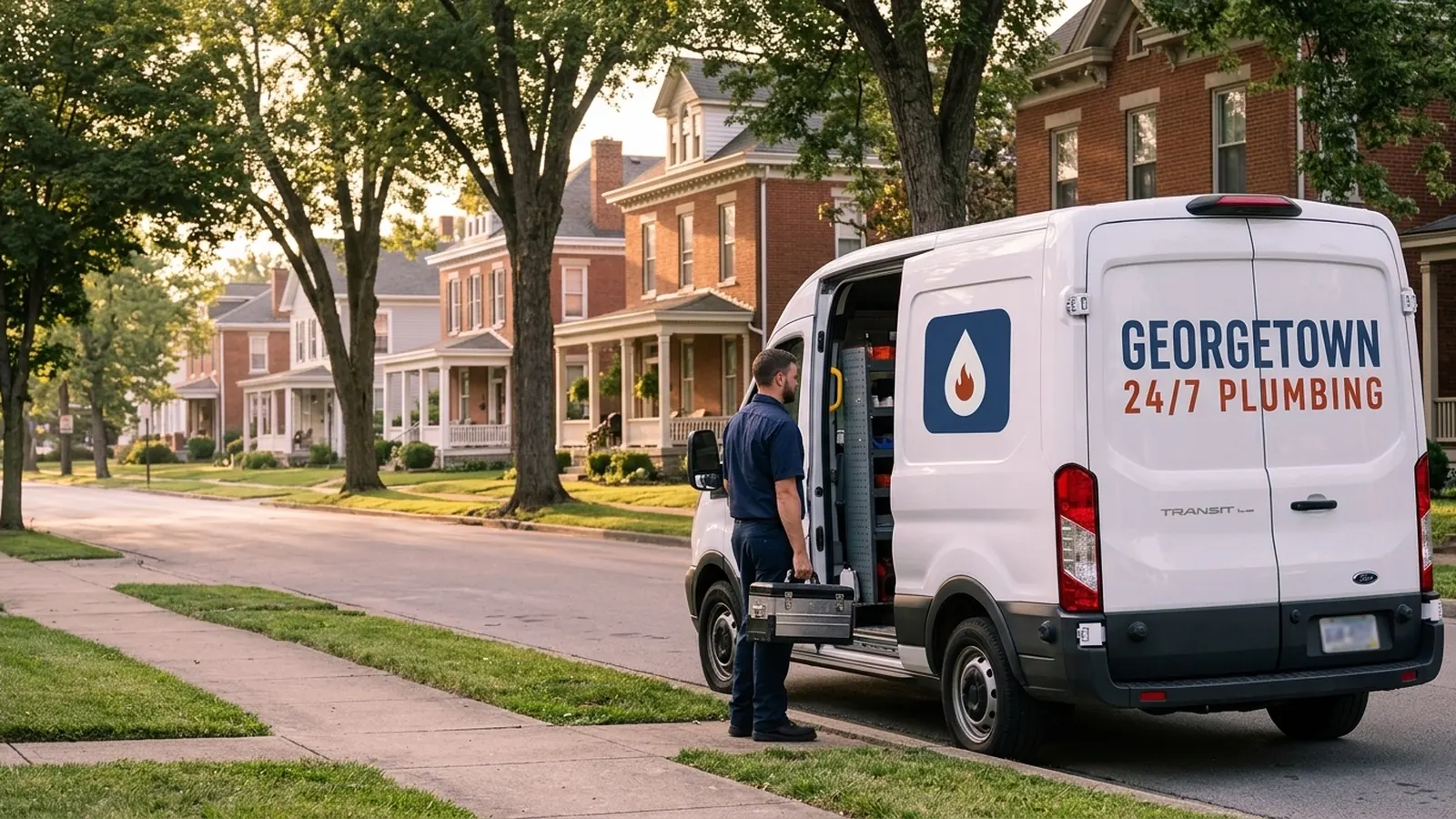 Georgetown 24/7 Plumbing technician standing beside the company van on a tree-lined street of brick homes