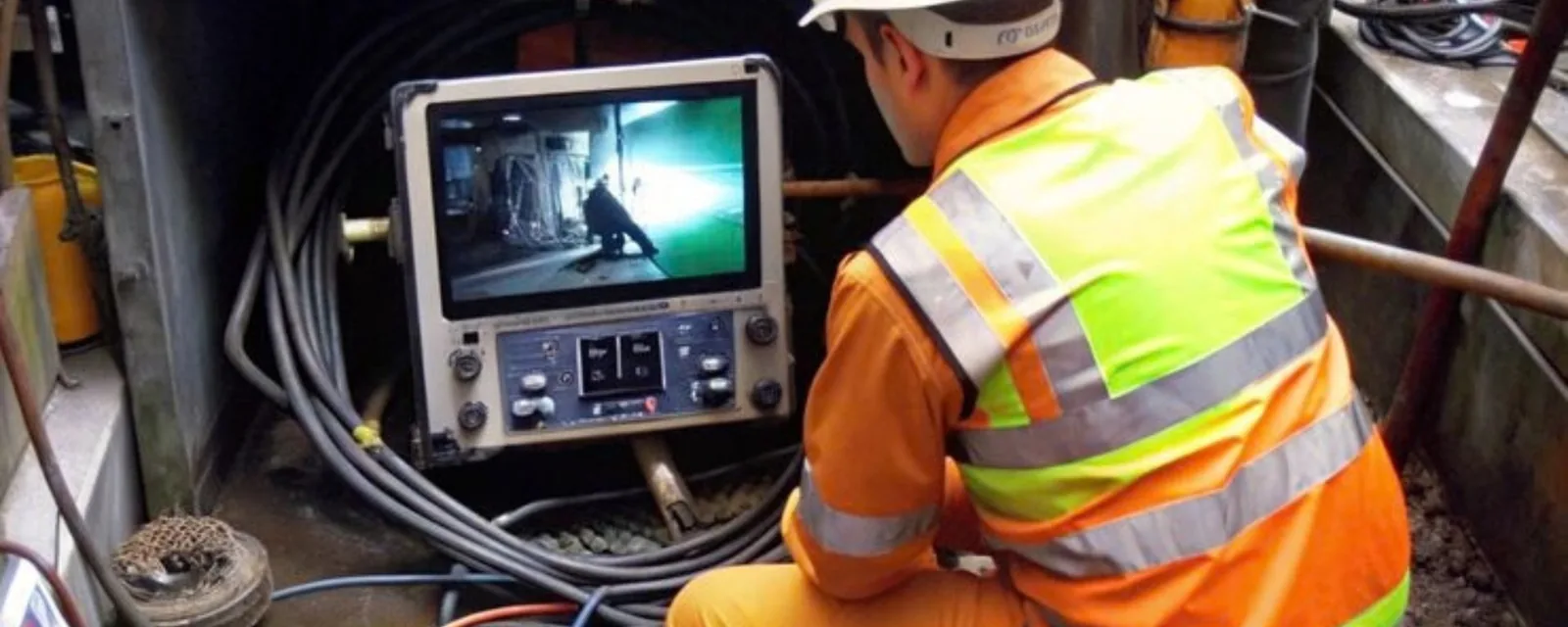 Technician in a high-visibility vest watching a sewer camera monitor during a line inspection