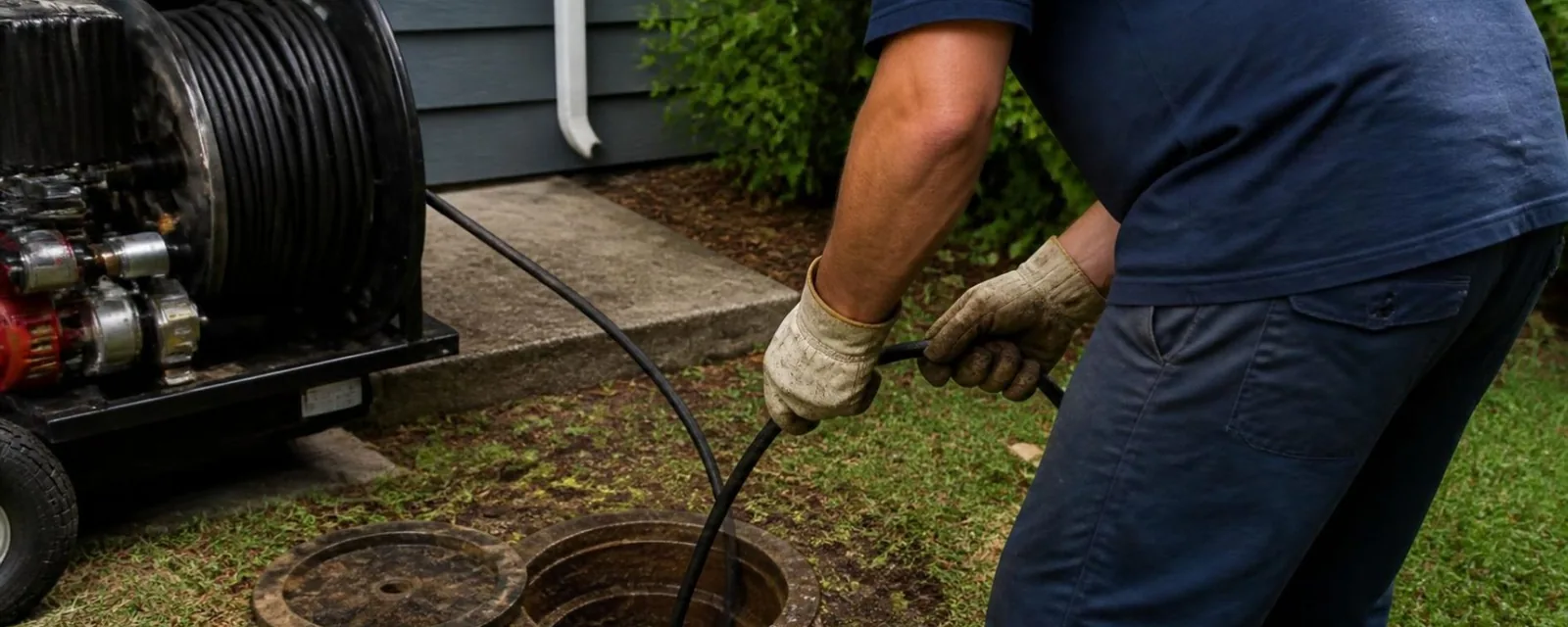 Plumber feeding a drain machine cable into an outdoor sewer cleanout beside a house