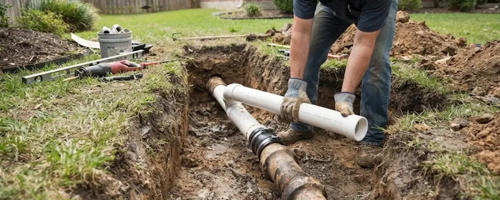 Plumber installing new white PVC pipe in an excavated sewer line trench in a yard
