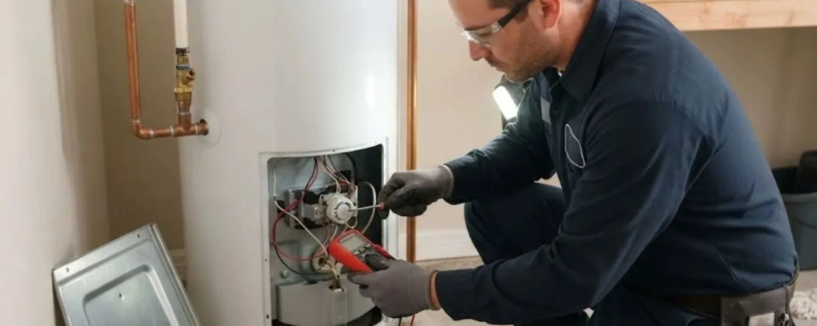 Plumber testing the electrical connections of a water heater with its access panel removed